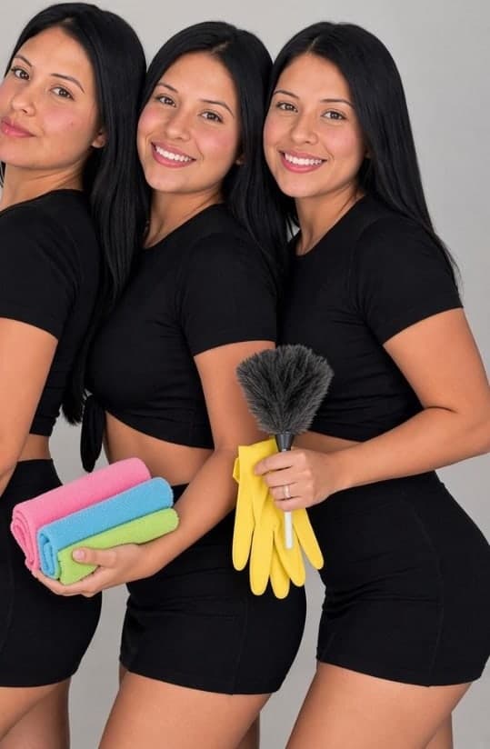 Equipo de Elite Chicas Cleaning con ropa de trabajo negra, trapos, guantes y un plumero, listo para una visita en La Paz.